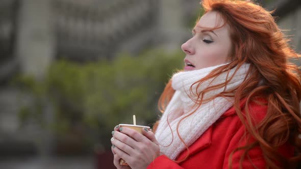 Woman Drinking Hot Coffee Cold Autumn Day