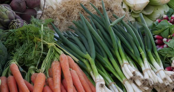 Fresh vegetables on stalls in a southern France market.