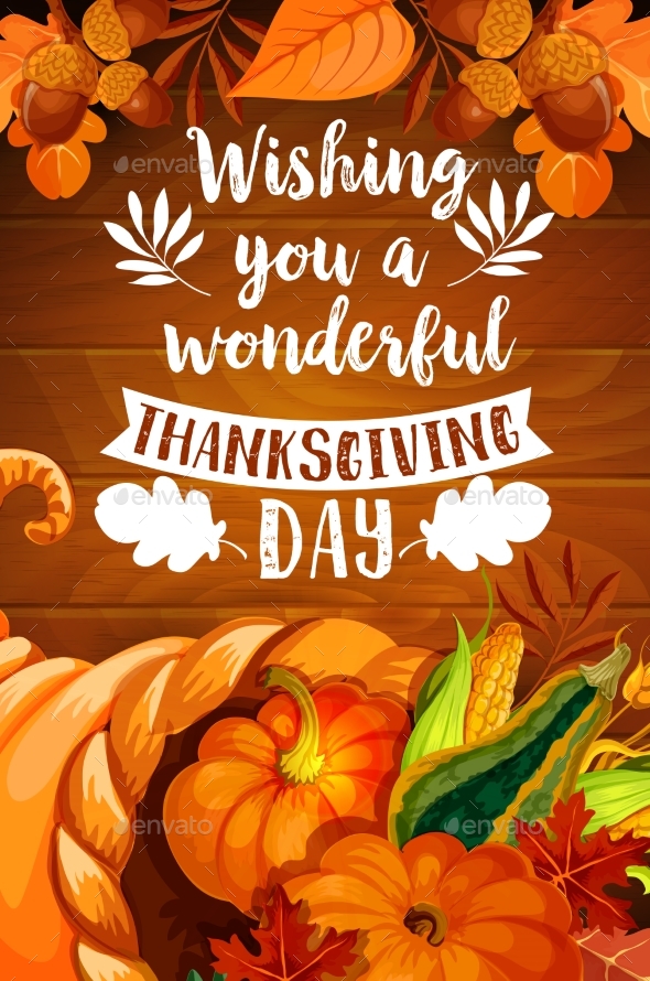 Thanksgiving Cornucopia on Wood Background Poster
