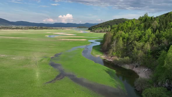 Flying over the lake and river