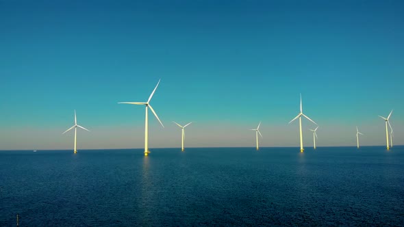 Windmill Park in the Ocean Drone Aerial View of Windmill Turbines Generating Green Energy Electric