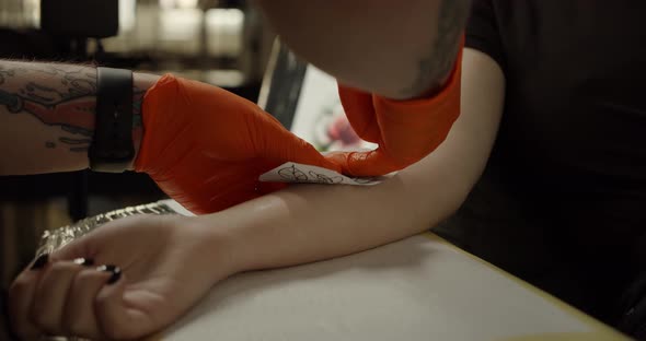 Tattoo Artist Puts a Picture on a Young Woman's Hand, Process of Creating a Tattoo. Close-up View