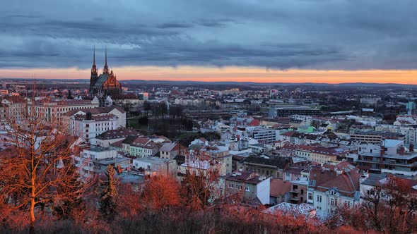 Time lapse view of the city of Brno in the Czech Republic at sunset 