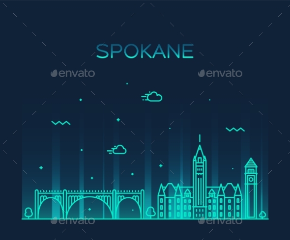 Spokane Skyline Washington USA Vector Linear Style