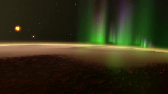 Timelapse animation trip through the Northern Lights of a rocky exoplanet