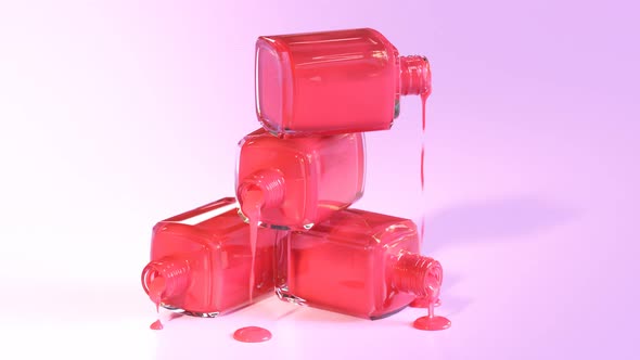 One shade of red nail polish spilled from stack of glass bottles. 4K HD