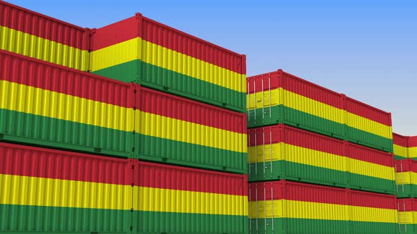 Container Terminal Full of Containers with Flag of Bolivia