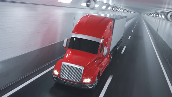 Red semi truck with trailer driving fast through the blurred tunnel. Loop. 4K