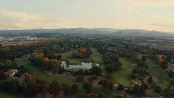 Aerial view of autumn color trees. Golf Course.