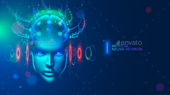 Artificial intelligence. Head cybernetic digital brain, neural network. AI Future cyberpunk concept.