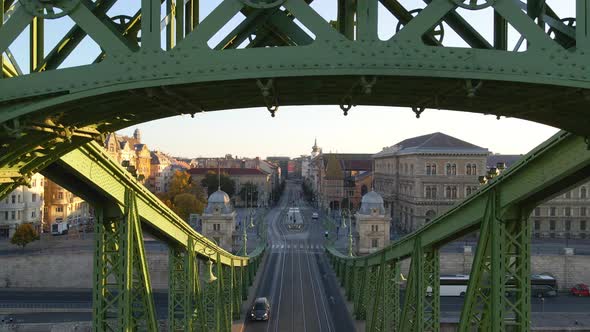 Flying through a truss of Liberty Bridge in Budapest Hungary