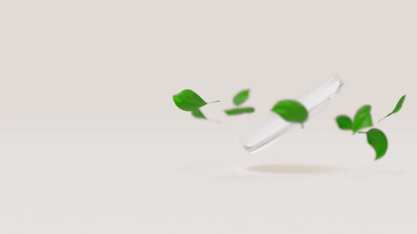 White Cosmetics Cream in Glass Petri Dish Rotate with Green Leaves on Clean Background