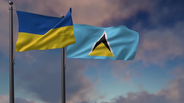 Saint Lucia Flag Waving Along With The National Flag Of The Ukraine - 4K