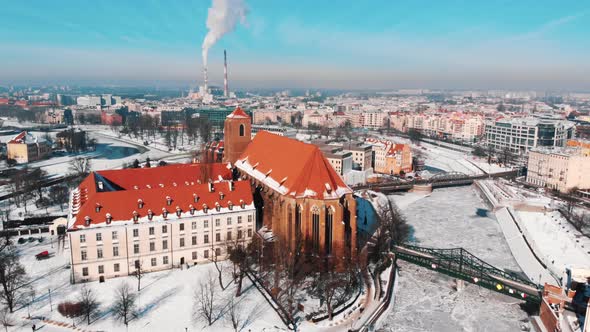 Aerial View of the City of Wroclaw Poland During the Winter  Smoke From Chimney