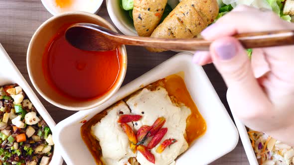 Woman Eating Tomato Soup By Wooden Spoon Concept of Healthy Diet Proper Food