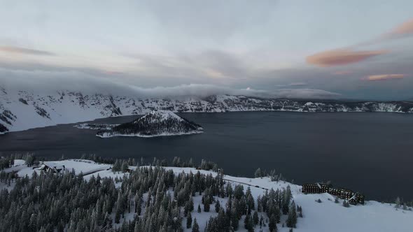 Drone video of Wizard Island on Crater Lake, Oregon, aerial shot of caldera lake