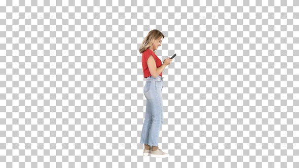 Casual young woman typing on mobile phone, Alpha Channel