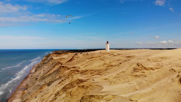 Aerial view of the Lighthouse at Rubjerg Knude by the North Sea, Denmark