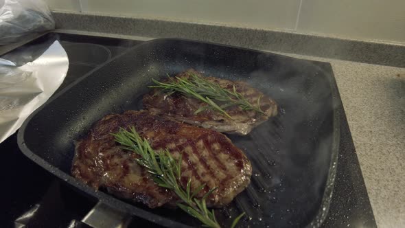 Cooking Beef on Grill Frying Pan