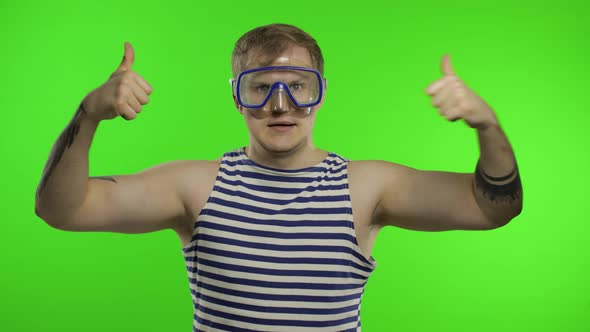 Emotional Man Tourist in Underwater Mask, Striped Sailor Shirt on Chroma Key