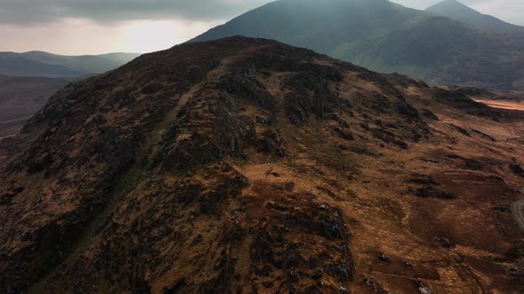 Killarney, Kerry, Ireland, March 2022. Drone pushes west from Moll's Gap towards Lough Barfinnihy un