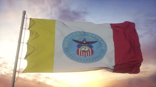 Flag of Columbus City of Ohio Waving in the Wind Sky and Sun Background