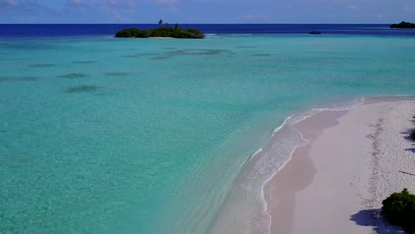 Aerial tourism of exotic island beach by blue ocean and sand background