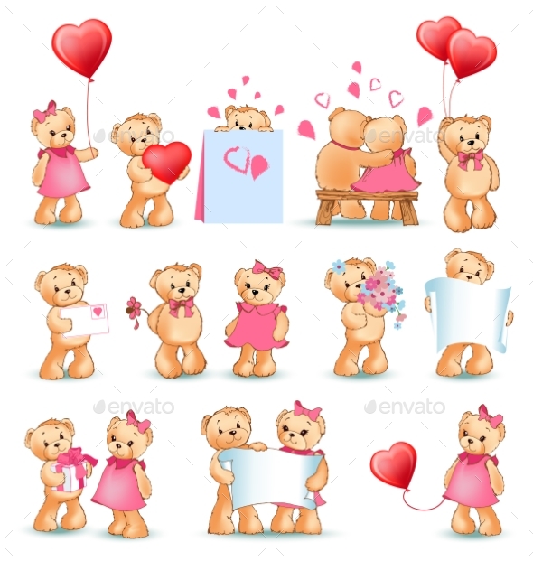Teddy Bears Set Valentine Vector Illustration