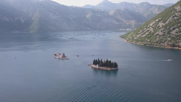 Aerial Footage of St. George and Monastery on the Islands Near Perast Town in Kotor Bay