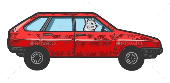 Cat Driving Car Sketch Engraving Vector