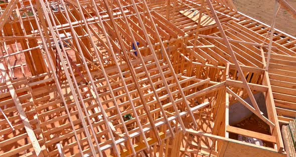 Panorama Aerial View in a New Home Under Construction Wood Framing Beams Framework