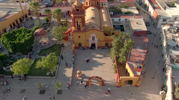 Aerial View Of Saint Sebastian's Temple And Parque de Bernal On A Sunny Day In Zona Centro, Bernal,