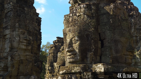 4K Smiling Face Stone Tower at Bayon Temple in Siem Reap, Cambodia