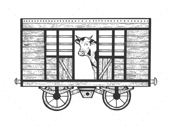 Cow in Railway Carriage Sketch Engraving Vector