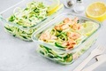 Meal prep lunch box containers Spiralized zucchini noodles pasta with shrimps - PhotoDune Item for Sale
