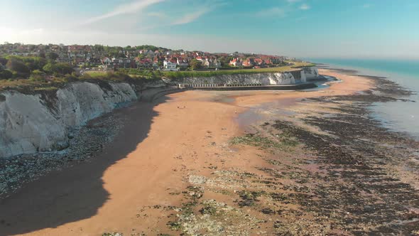 Drone aerial view of the beach and white cliffs, Margate, England, UK