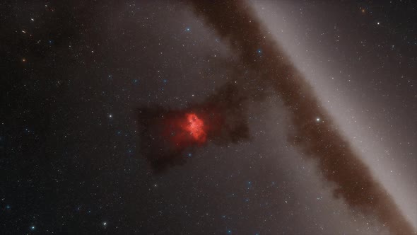 Spaceship Flies Near Red Nebula in Space