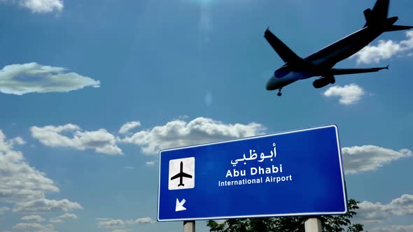 Airplane landing at Abu Dhabi United Arab Emirates, UAE airport