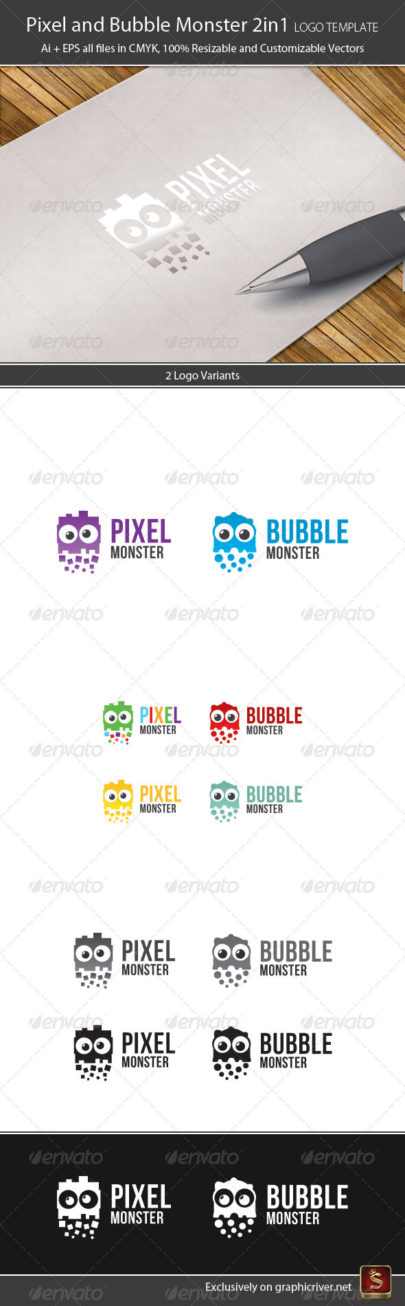 Pixel and Bubble Monster Logo Template 2in1