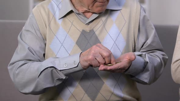 Miserable Old Man Holding Coins, Rich Senior Man Counting Dollars, Social Gap