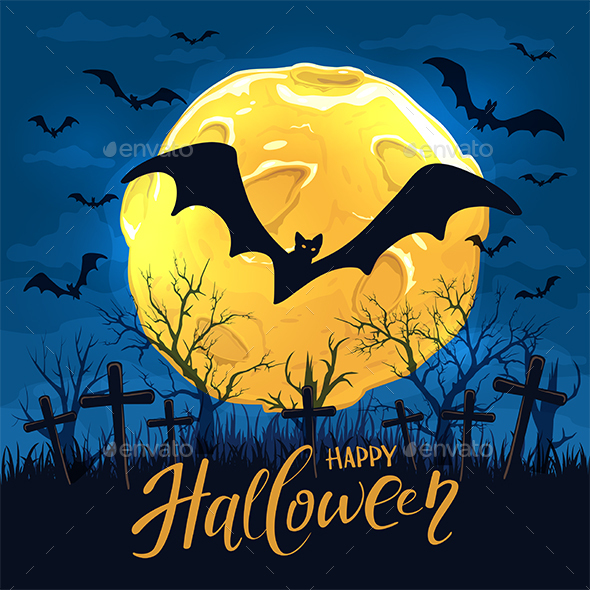 Text Happy Halloween with Bats on Night Background