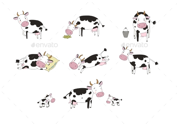 Set with Cartoon Cow Farm Animals
