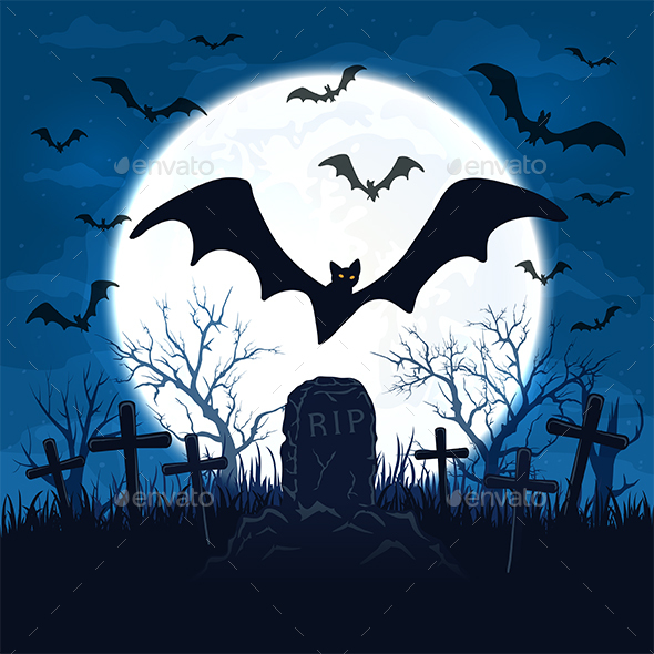 Halloween Background with Bats on Night Background