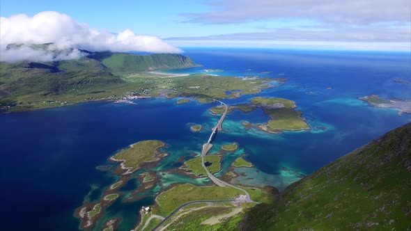 Aerial view of bridges on Lofoten islands in Norway