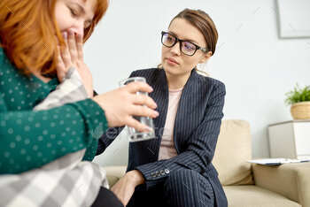 ressing her feelings while sitting on cozy couch of psychotherapy office, friendly specialist comforting her