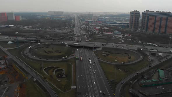 Top View of a Major Road in the City. Top View of the Road Junction. The Camera Is Flying Over the