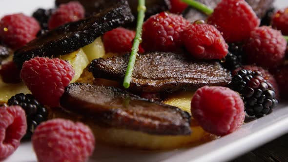 Rotating - smoked duck bacon with grilled pineapple, raspberries, blackberries and honey 