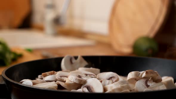 Close-up of Mushrooms Fried in a Frying Pan