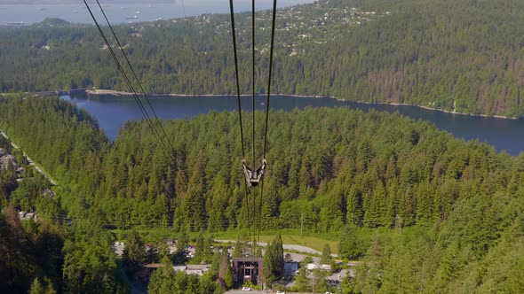 Skyride At Grouse Mountains With Lush Coniferous Forest In North Vancouver, BC, Canada. - Low Angle