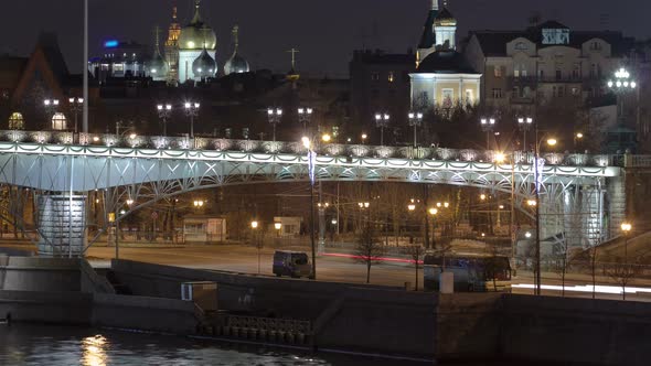 Embankment of the Moscow River. The Patriarchal Bridge Night Timelapse